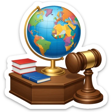 An icon featuring a globe with a gavel and a political map, symbolizing political science. The design includes a ballot box and a podium, representing democracy and governance. Transparent background highlights the study of political systems and global relations. sticker