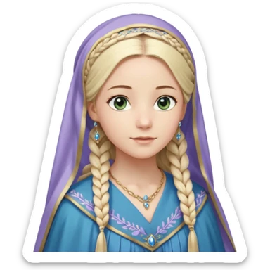 Joven de unos 30 años, de aspecto dulce y elegante.
Piel clara, ojos (pueden ser azules o verdes)
Rubio o castaño claro, largo, con trenzas o velo.
Vestido largo de tonos suaves (blanco, azul o lavanda), con bordados dorados; un manto o toca fina cubriendo la cabeza. Haz todo el cuerpo sticker