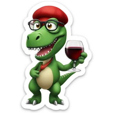 Angry Green Trex wearing red beret and eyeglasses holding red wineglass  sticker
