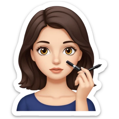 Garota branca de cabelos levemente ondulados castanhos escuros médio aplicando máscara de cílios sticker