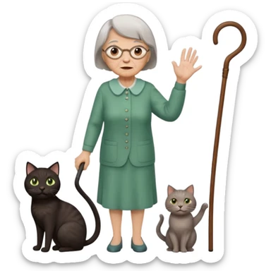 A grouchy old lady with a wooden cane in her hand waving it in the air shouting out "Stay Off My Lawn!" Hair Is short brown with some grey in it eyes are brown also  a pure black cat with big green eyes sitting on her left shoulder. The cat has her left paw up sticker
