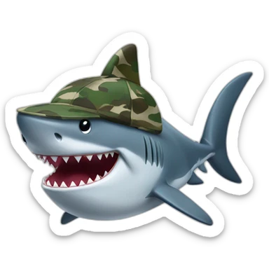 cartoon shark standing with a camouflage cap on its head sticker