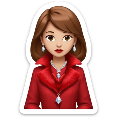 * Character: A stylish lady,brown hair
* ﻿﻿Clothing: A luxurious red fur coat
* ﻿﻿Accessories: A dazzling diamond necklace
* ﻿﻿Expression: Confident, elegant, maybe slightly glamorous
* ﻿﻿Pose: Head slightly tilted or a poised posture
* ﻿﻿Style: Emoji-like, simple but expressive sticker
