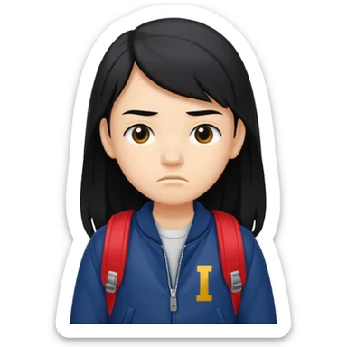 college student with annoyed face , black hair , with navy varsity jacket( initial I)  and  and backpack , girl, long hair,  sticker