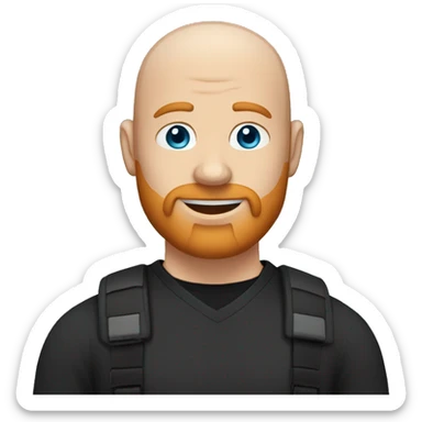 A Bald man with !blue! eyes and a ginger beard, wearing a black v-neck t-shirt. with a warm and welcome round face sticker