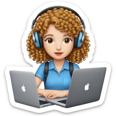 curly hair girl with headphones and a laptop sticker