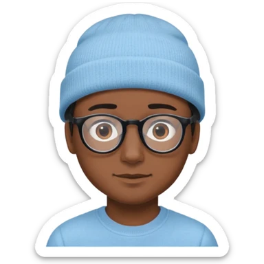A boy or man emoji with medium-dark skin, wearing a light blue beanie and black-framed glasses, with brown eyes, dark eyebrows, a small nose, and a subtle smile on a clean-shaven face. sticker