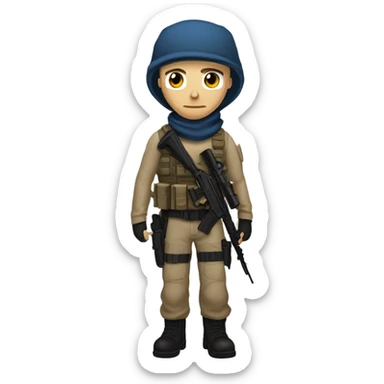 White male, call of duty mask, tan tactical gear, tan pants, combat boots, black beanie, blue eyes, no glasses sticker