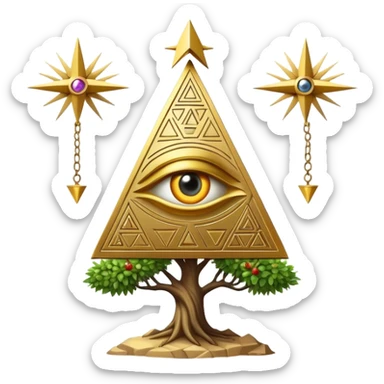 Annunaki tree from Garden of eden, that is actually a ancient tech antenna with illuminati all seeing eye in traingle symbol at the top and with little pyramids hanging like apples sticker