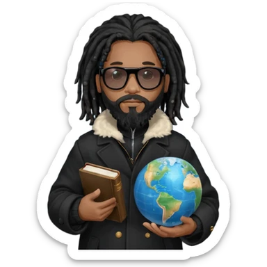 African American man with shoulder length black dreadlocks with black beard wearing black sunglasses wearing a black bubble winter coat holding a Bible and a Globe in his hands sticker