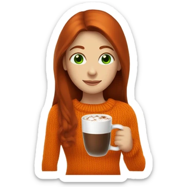 A dark redhead with straight long hair, a girl with green eyes in an orange sweater and a hot chocolate  sticker