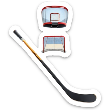 An icon showing a hockey stick, puck, skates, and goalposts on the ice. The background features a large hockey stadium with cheering fans, bright lights, and a snowy landscape visible through the arena. Transparent background highlights the main hockey equipment and atmosphere. sticker
