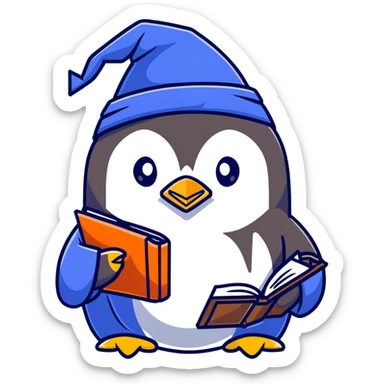 penguin wizard with blue robe and magic book sticker