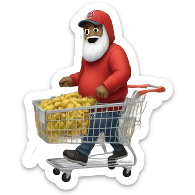 man with a beer belly and a grey beard who's wearing a red sox hoodie in a store pushing shopping cart  sticker