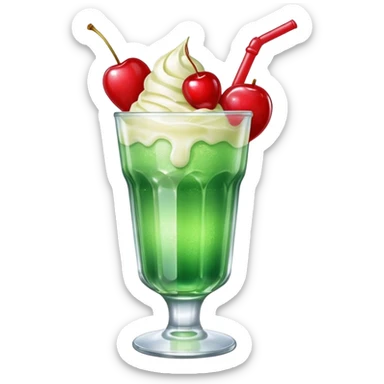 Create an emoji with a clear rounded glass, bright transparent green soda with fine bubbles, a smooth vanilla scoop circle shape, a glossy red cherry, using vibrant colors, soft shading, and clear glass highlights.
 sticker