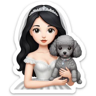 A beautiful girl with long black hair in a wedding dress holds a small gray poodle sticker