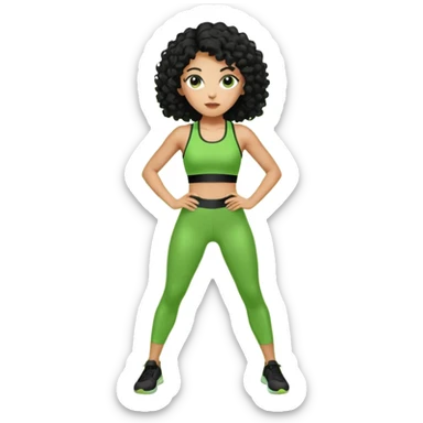 woman with olive skin and curly black hair wearing a green workout outfit and standing in a disco pose sticker