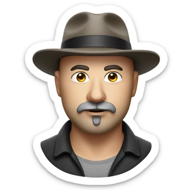 Photorealistic, realistic serious A plump bald man of Slavic appearance with a goatee beard and mustache, wearing a fedora hat sticker