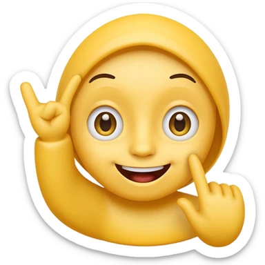 cute, playful emoji character inspired by the 🙃 upside-down face style. Rounded yellow face, big expressive eyes, cheerful smile with mouth slightly open. One hand raised with a finger gently touching the inside of the mouth in a thinking / cheeky gesture (not sexual). sticker