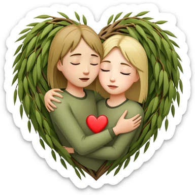 heart-shaped weeping willow tree surrounding two friends hugging in a comforting way, supportive embrace, with small heart symbol sticker