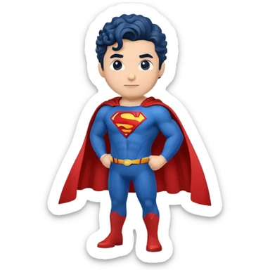 Highly detailed, hyper-realistic emoji of Superman. He wears his classic blue suit with a red cape and ‘S’ emblem on his chest. His expression is confident, and his hair features the signature curl. Minimalist background for focus. sticker