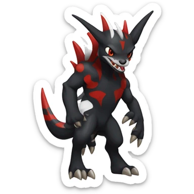 Black Cool Edgy Nargacuga-Houndoom-Garchomp Fakémon with Red and white Edgy markings, full body sticker