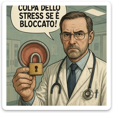 hyper realistic doctor holding a diaphragm locked with a padlock, serious expression, comic style with the phrase 'Colpa dello stress se è bloccato!', realistic details, clinical atmosphere sticker