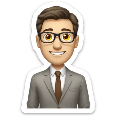 Pale skinned fit man with dark brown hair in gray jacket, beige office shirt, brown tie, brown pants and vintage glasses Writing text on the flipchart sticker