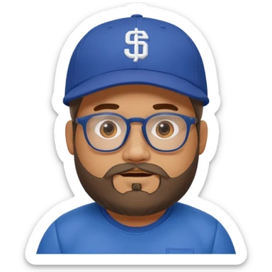 Create a figure that reflects an experienced social media manager but who has youthful and sporty clothing, a little chubby, a New Era cap, glasses, a beard and a slightly funny and friendly face. sticker