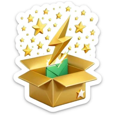 3D minimal open box with small floating icons coming out (envelope, lightning bolt, star), soft matte finish, deep green (#0B3D2C) box, gold (#C9B037) floating icons, Apple style, ultra clean and sleek, very soft ambient shadow, transparent background sticker