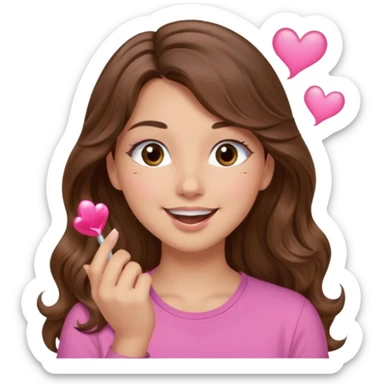 girl with long wavy brown hair, brown eyes, light to medium complexion, in a pink shirt, long lashes, blowing a kiss sticker
