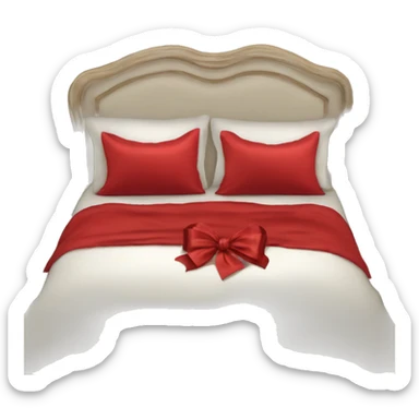 Bed with luscious satin red sheets and bows and a christmas pillow sticker