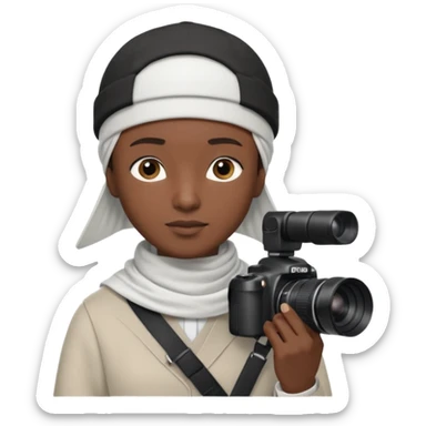 Black Muslim photographer, dark skin tone, dressed in a modest modern outfit, kufi cap, holding a DSLR camera (Canon/Nikon), focused expression, outdoor photoshoot setting, clean depth of field, highly realistic, detailed portrait, 4K. sticker