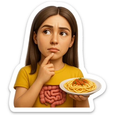 donna che guarda pensierosa con intestino in evidenza un piatto di pasta, stile emoji iphone, iperrealistico 4k sticker