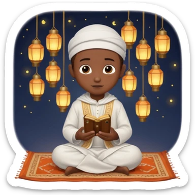 Personnage 3D mignon en style Pixar, un petit garçon portant un qamis blanc et un kufi, tenant un tapis de prière, entouré de lanternes brillantes, fond doux, couleurs chaudes, garçon teint noir TENANT UN APPAREIL PHOTO sticker