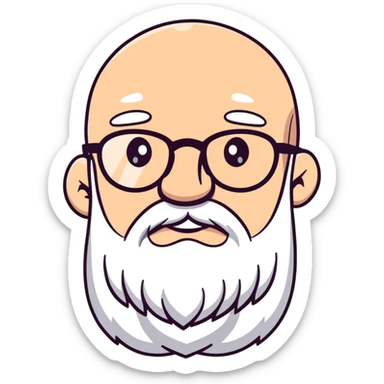 cartoon of a bald man with spectacles, long white beard, winking sticker
