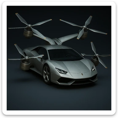 Redesign the flying car in the reference image to be lower and sleeker with proportions similar to a Lamborghini. Keep two wings on top, two on the sides, propellers on all wings, wheels, and a metallic finish. Maintain a photorealistic style for the redesign. sticker