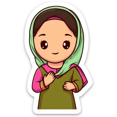 girl with light wheatish skin, dark brown hair, wearing dark pink kurti with sage green dupatta on head sticker