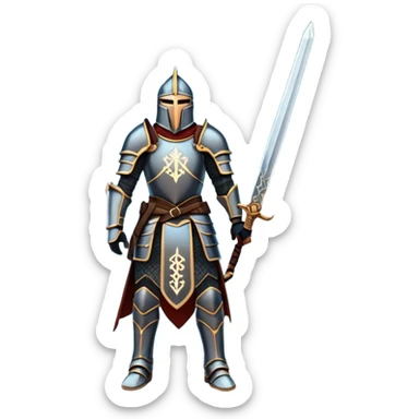 An icon representing RPG, inspired by Elden Ring. The design features a warrior in armor, holding a sword, standing in front of a mystical, dark landscape with glowing runes and a distant castle. The atmosphere evokes epic quests, exploration, and intense battles. Transparent background sticker