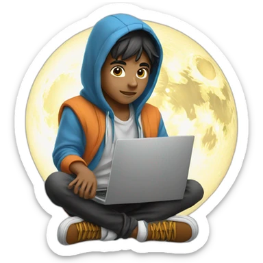 Indian boy wearing a hoodie with laptop sitting on saturn sticker
