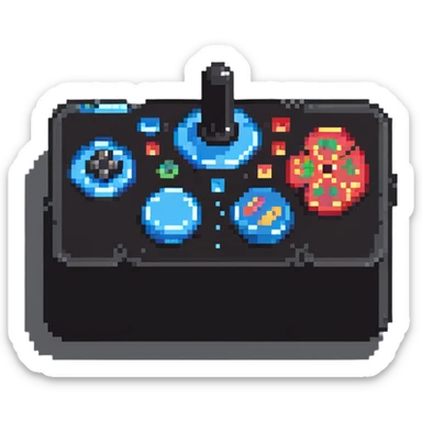 A modern fighting game joystick with multiple buttons in colorful pixel art sticker