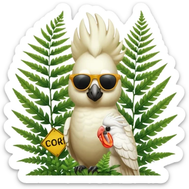 sulfer crested cockatoo wearing sunglasses sitting in a green fern tree with an australian street sign sitting infront of it saying welcome to cockatoo sticker