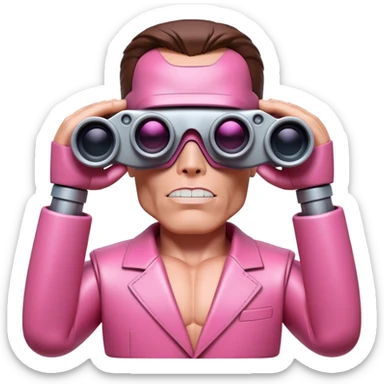 schwarzenegger-looking half robotic half human pink terminator looking through two-eyed binocular, viewed from an angled perspective sticker