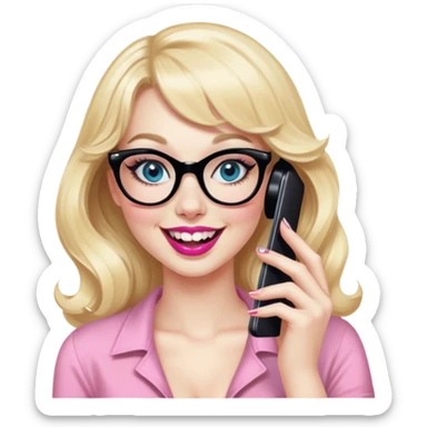 Pin up Woman with pale skin, wider face, blue eyes with eyeliner, thin eyebrows, long black eyelashes, pink lipstick, blonde wavy hair with bangs, wearing black glasses. Laughing on a mobile phone  sticker