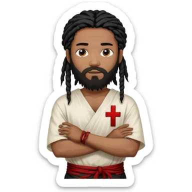 African American man with shoulder length black dreadlocks with black beard wearing a white blood stained white tunic with arms folded together across chest sticker