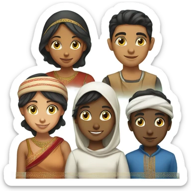 a Moroccan boy, an Indian girl, an Iranian girl, a Haitian boy, a Egyptian boy sticker