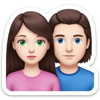 pink polaroid photo of a couple thats white with long brunette hair blue eyes and a white guy with short brunette hair and green eyes sticker