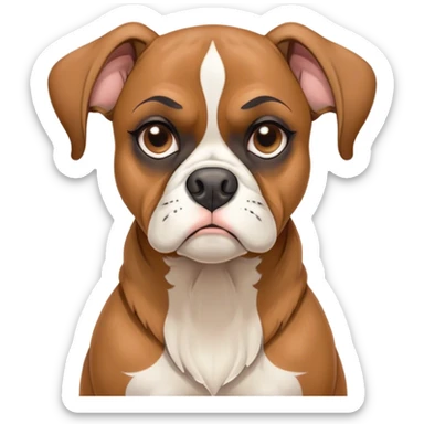 Cinematic Grumpy Fawn Boxer Portrait Emoji, Head tilted slightly with a deeply unimpressed expression, showcasing a robust fawn coat with a prominent white muzzle and chest, large, droopy brown eyes narrowed into an unamused glare, ears slightly drooping in exasperation, Simplified yet comically expressive features, highly detailed, glowing with a dry, sarcastic glow, high shine, effortlessly judgmental yet dignified, stylized with a touch of cynicism, bright but brooding, soft glowing outline, capturing the essence of an eternally unimpressed yet endearing guardian, so lifelike it feels like it could sigh heavily at you in disdain at any moment! sticker