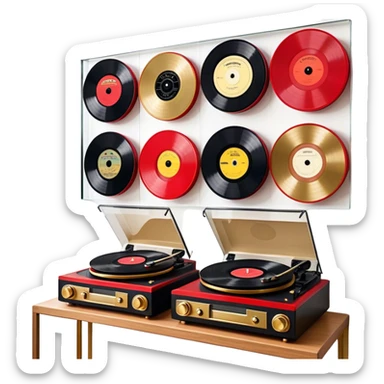 Icon for Vinyl Record Collecting: large black, golden and red vinyl records in decorative packaging featuring artist images, neatly arranged on a wall or shelf, modern vinyl record player. The icon should reflect the aesthetic and artistic aspect of collecting vinyl records. Transparent background. sticker