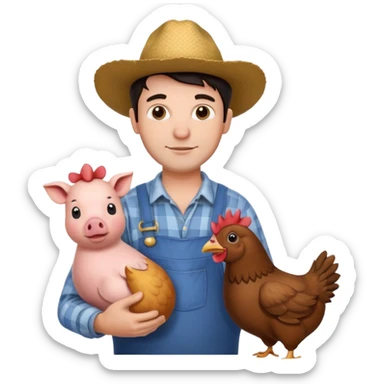 UN HOMBRE VESTIDO DE GRANJERO PIEL CLARA Y PELO OSCURO CON UNA GALLINA UN CERDO Y UNA VACA ALREDEDOR sticker